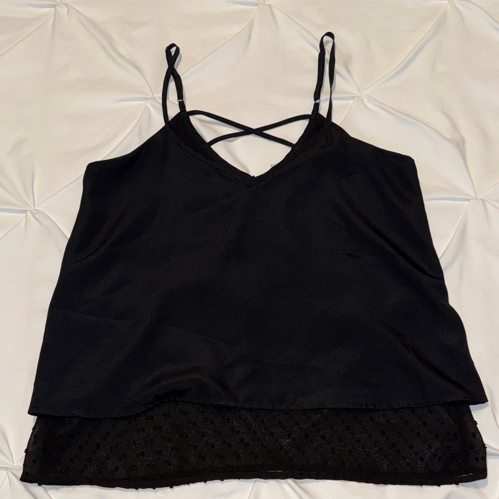 Bar III Black Lace Camisole • Sheer Layered Cami • Crisscross Back Top